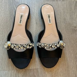 Miu Miu Black Satin Crystal Embellished Flats